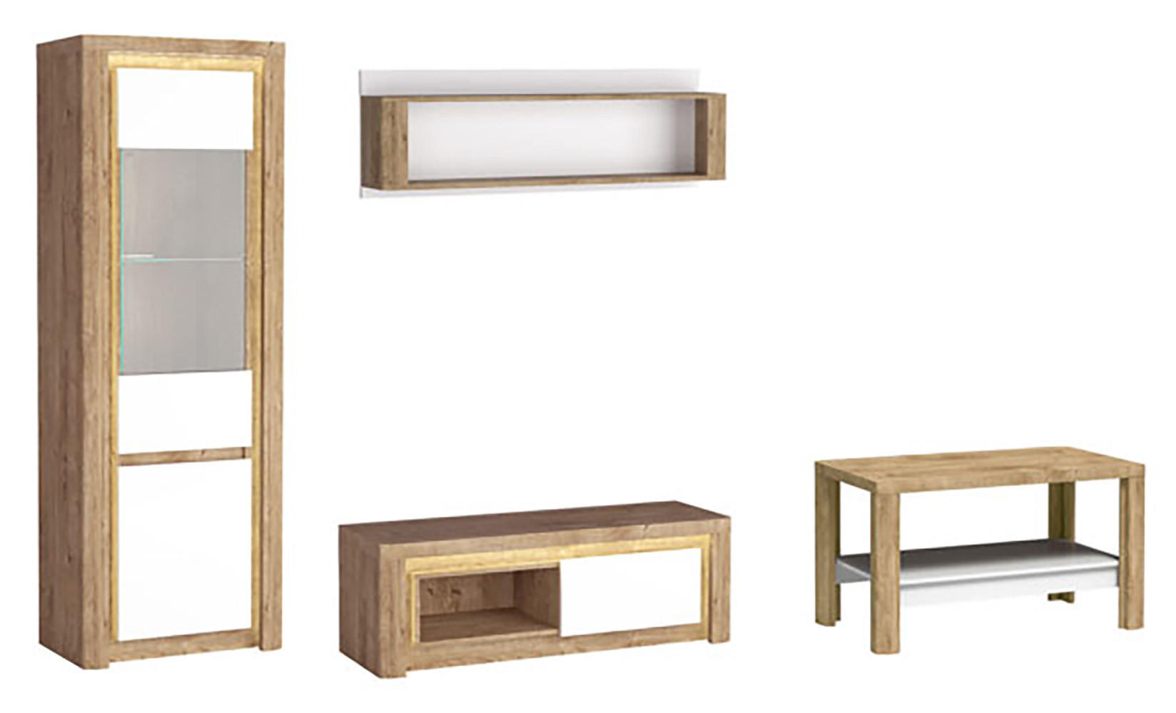 WOHNZIMMER-SET Livinio Ribbeck Eiche weiß Hochglanz 4-teilig - Weiß Hochglanz/Eichefarben, Holz/Holzwerkstoff (233/197/41cm) - Feldmann-Wohnen