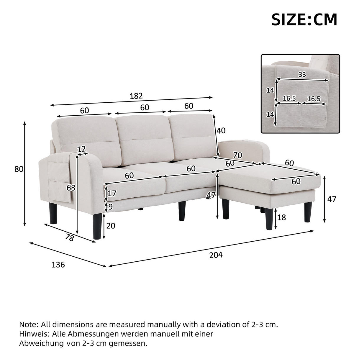 ECKSOFA L Form 3-Sitzer Chaiselongue Stauraum Tasche Beige 204cm - Beige, Textil (204/136cm) - FLIEKS