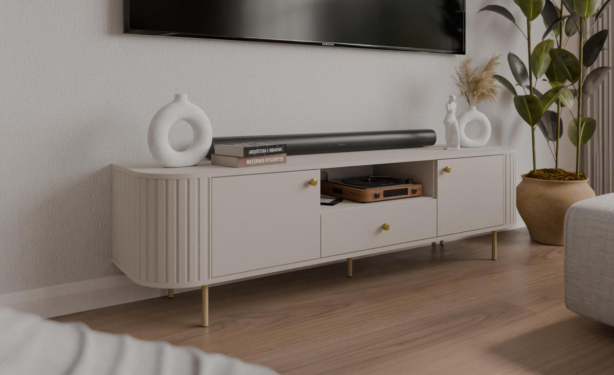 LOWBOARD Halay Beige, 2 Türen & 1 Schublade Moderne Rillenstruktur 180,6 cm - Beige/Goldfarben, Holzwerkstoff/Metall (180.6/50/42.3cm) - AX Living