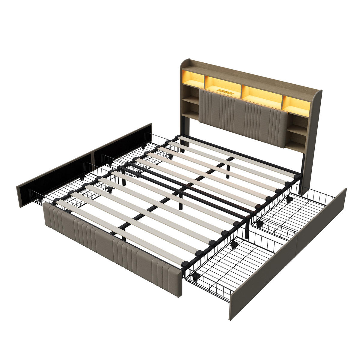 POLSTERBETT 160/200 cm Beige mit 4 Schubladen, LED-Kopfteil mit Ablage und USB - Beige, Metall (160/200cm) - EuroLiving