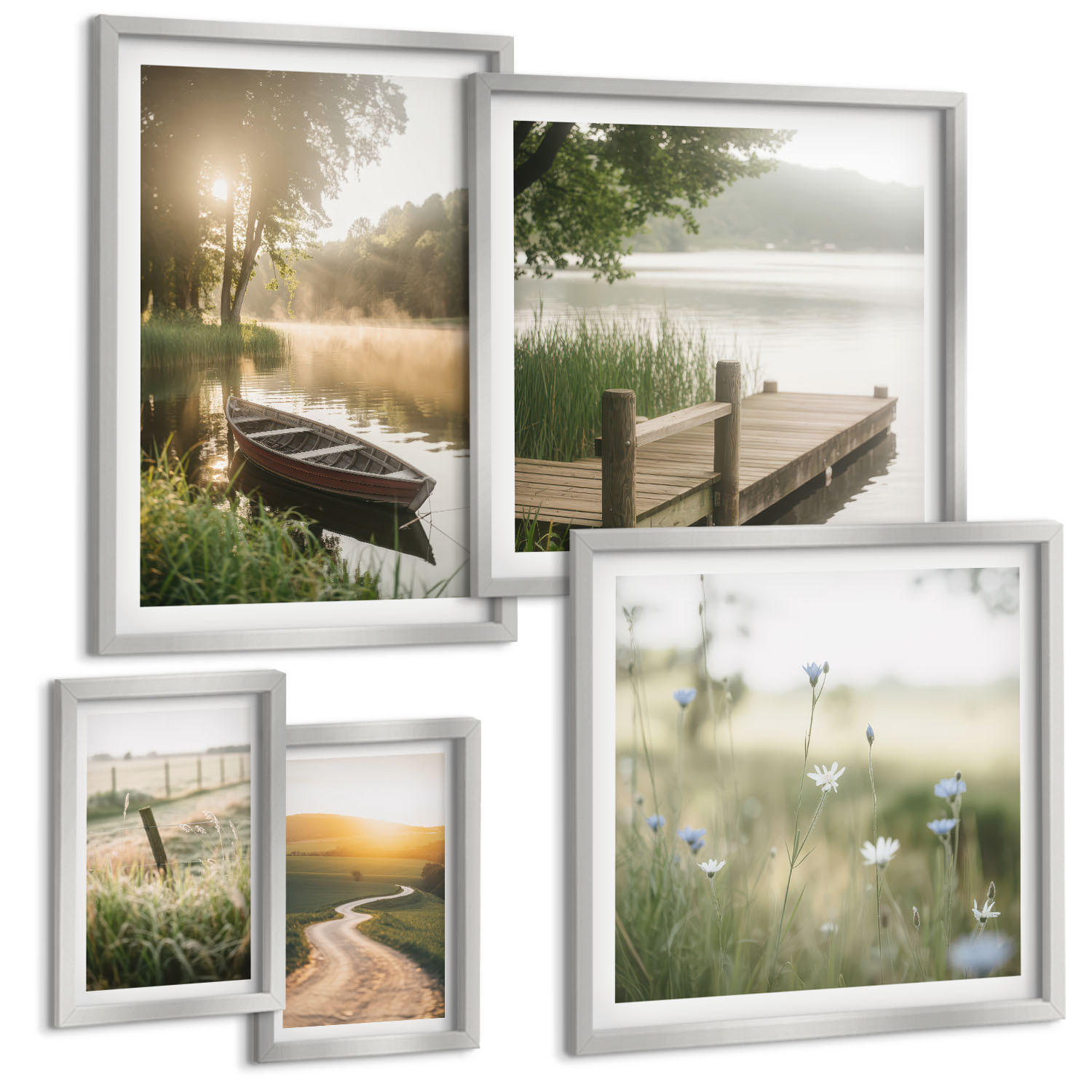 BILDER SET 5er Set - 50x50 cm & 20x30 cm & 40x60 cm Silberner Rahmen - Libellen im Gras, Wassermalerei - Silberfarben, Kunststoff (40/60cm) - TULUP