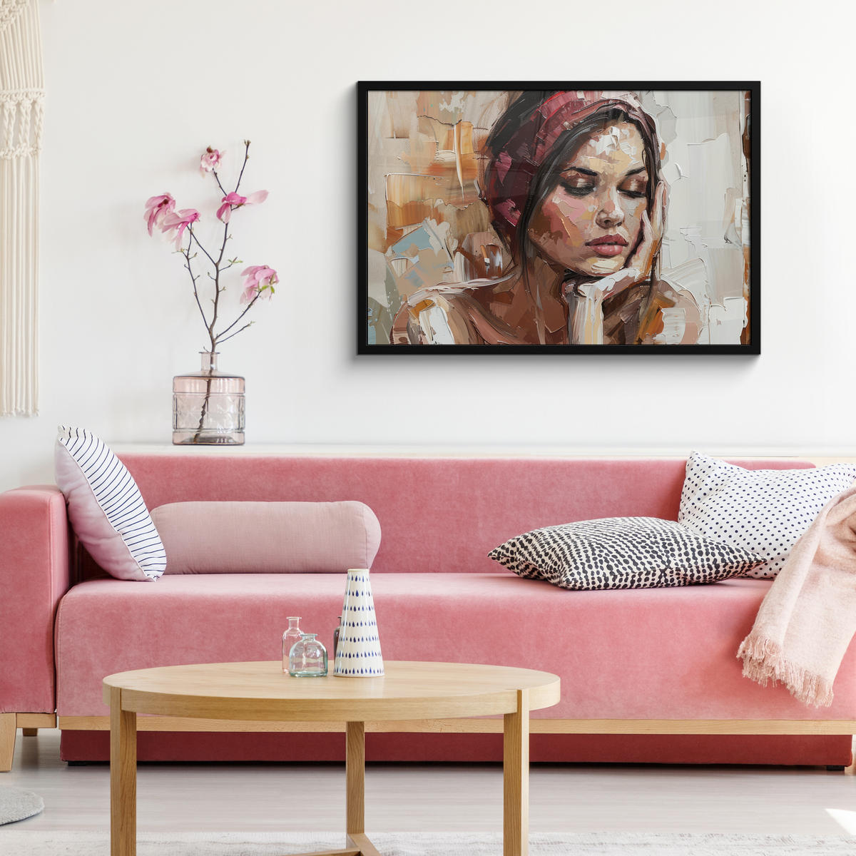POSTER MIT RAHMENGERAHMTES BILD Frau - Lackierung - Porträt - Modern 90x60 cm - Altrosa, Papier (90/60cm) - MuchoWow