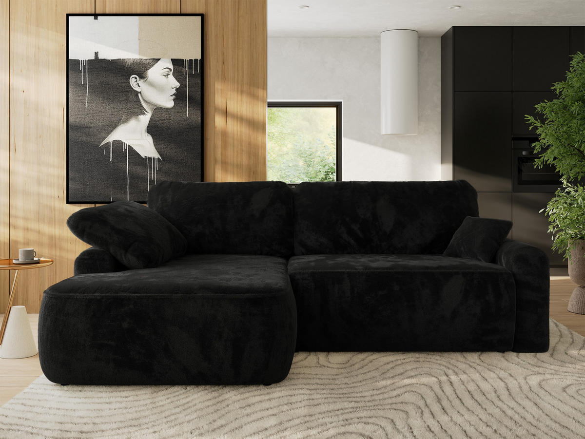 ECKSCHLAFSOFA CUBO L Schwarz Plüsch - links - Schwarz, Kunststoff/Textil (273/187cm) - MKS
