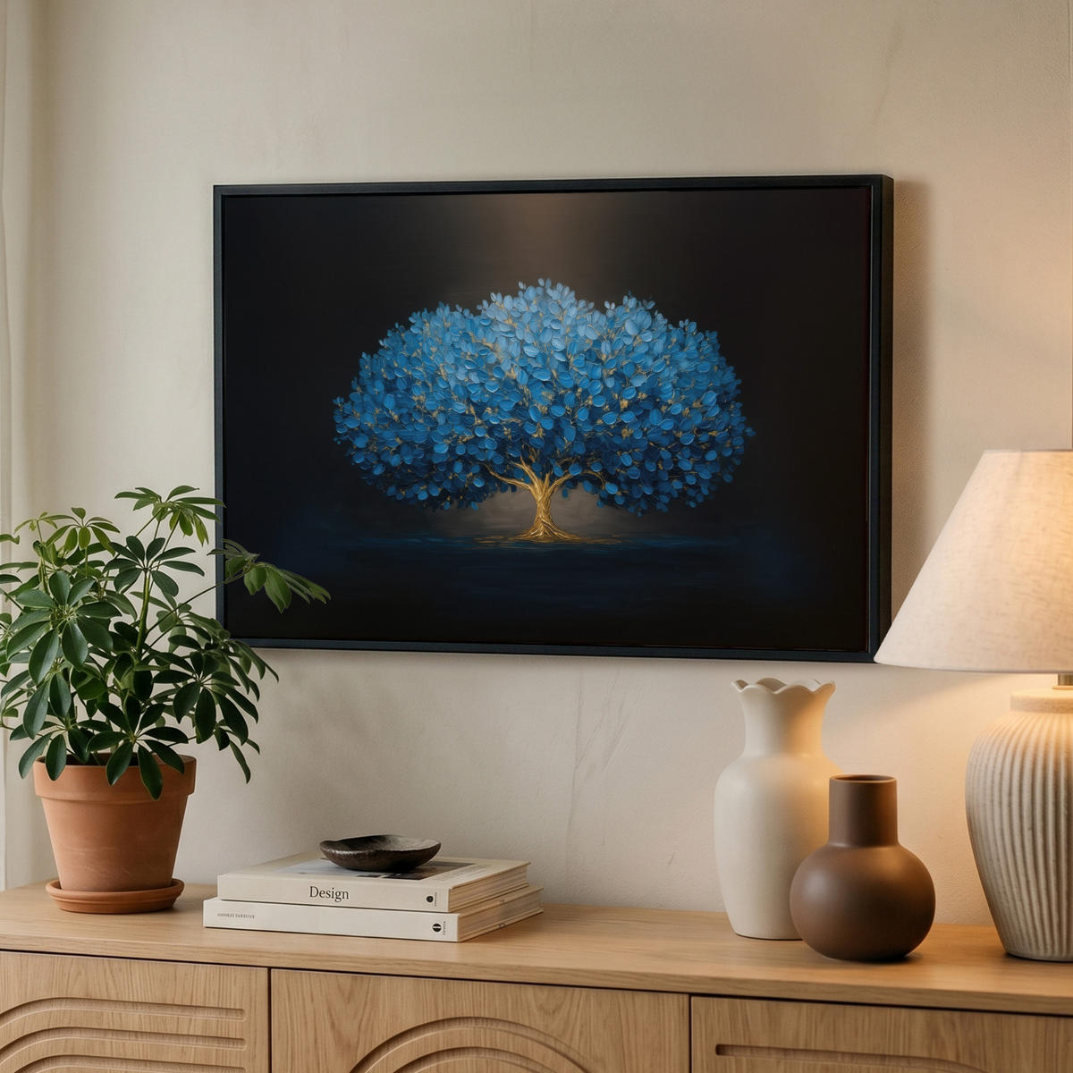 LEINWAND Bilder mit Rahmen - Baum - Blau - Blätter - Pinselstriche - 60x40 - Blau, Textil (60/40cm) - MuchoWow