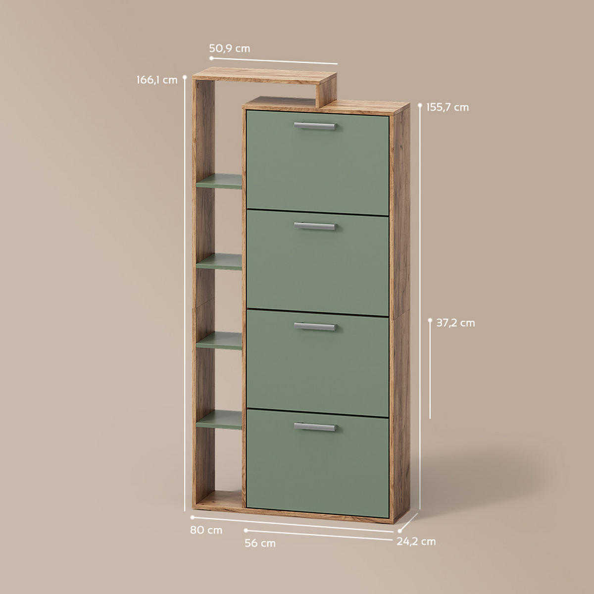 SCHUHKIPPER Ortello Goldkraft Eiche/Grün 80 x 166.1 cm mit 4 Fächern - Eichefarben/Grün, Holzwerkstoff (80/166.1/24.2cm) - Livinity®