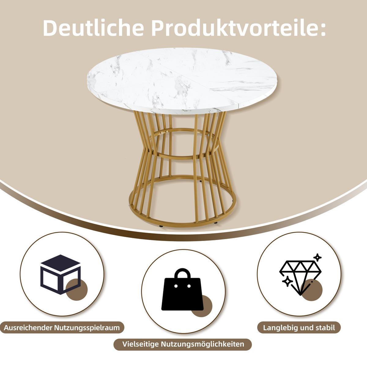ESSTISCH aus MDF mit Marmormuster & Metallgestell, Ø 100/75 cm, Gold - Goldfarben, Holzwerkstoff (100/100/75cm) - Redom