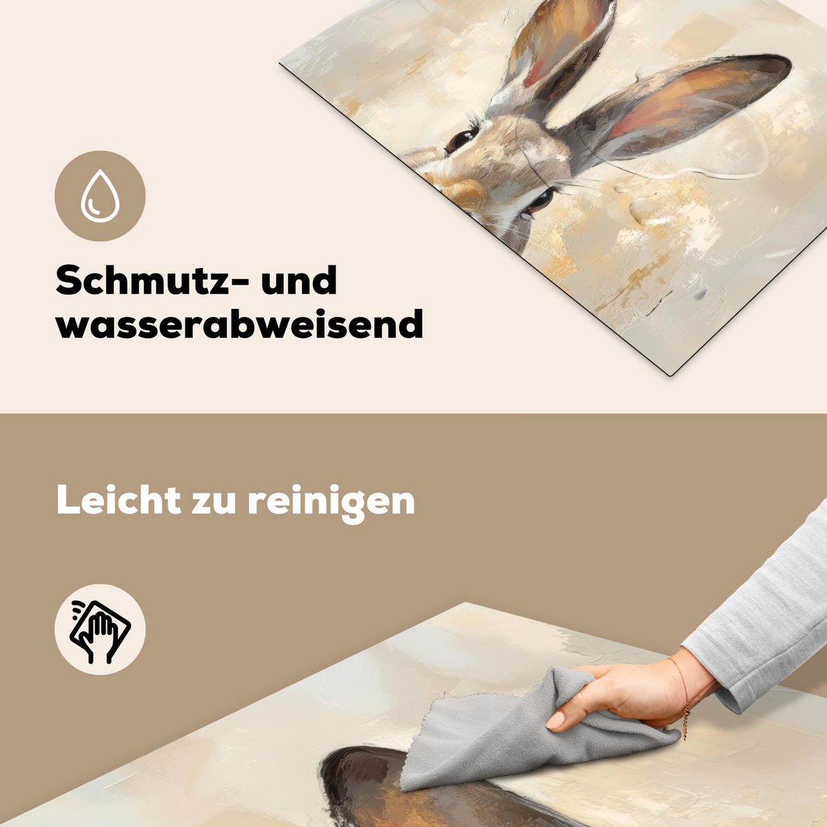 HERDABDECKPLATTE Hase - Ohren - Braun Induktionsmatte 71x52 cm - Beige, Kunststoff (71/52/0.2cm) - MuchoWow