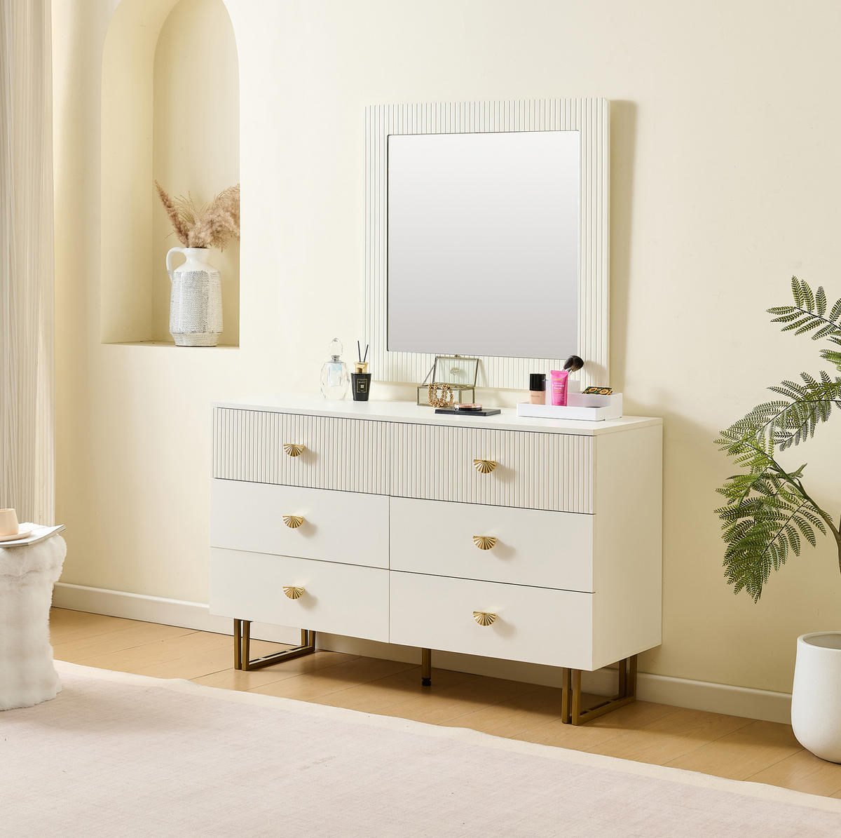SIDEBOARD-SET mit Spiegel 120/40/75 cm in Weiß mit 6 Schubladen - Weiß, Holzwerkstoff (120/40/75cm) - BEAOK