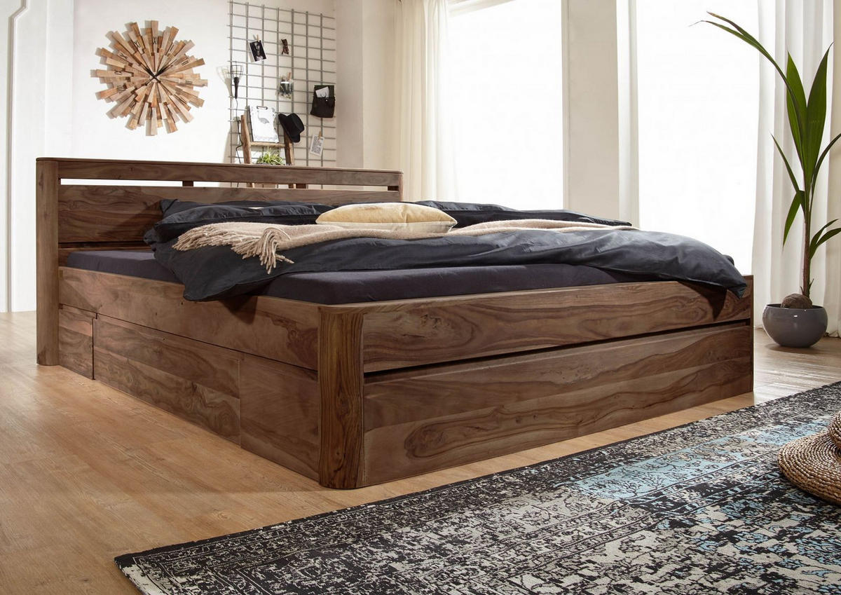 BETT mit Schublade Massivholz Akazie / Sheesham 200 x 200 x 90 dunkelbraun TORONTO #159 - Dunkelbraun, Holz (200/200cm) - Massivmoebel24
