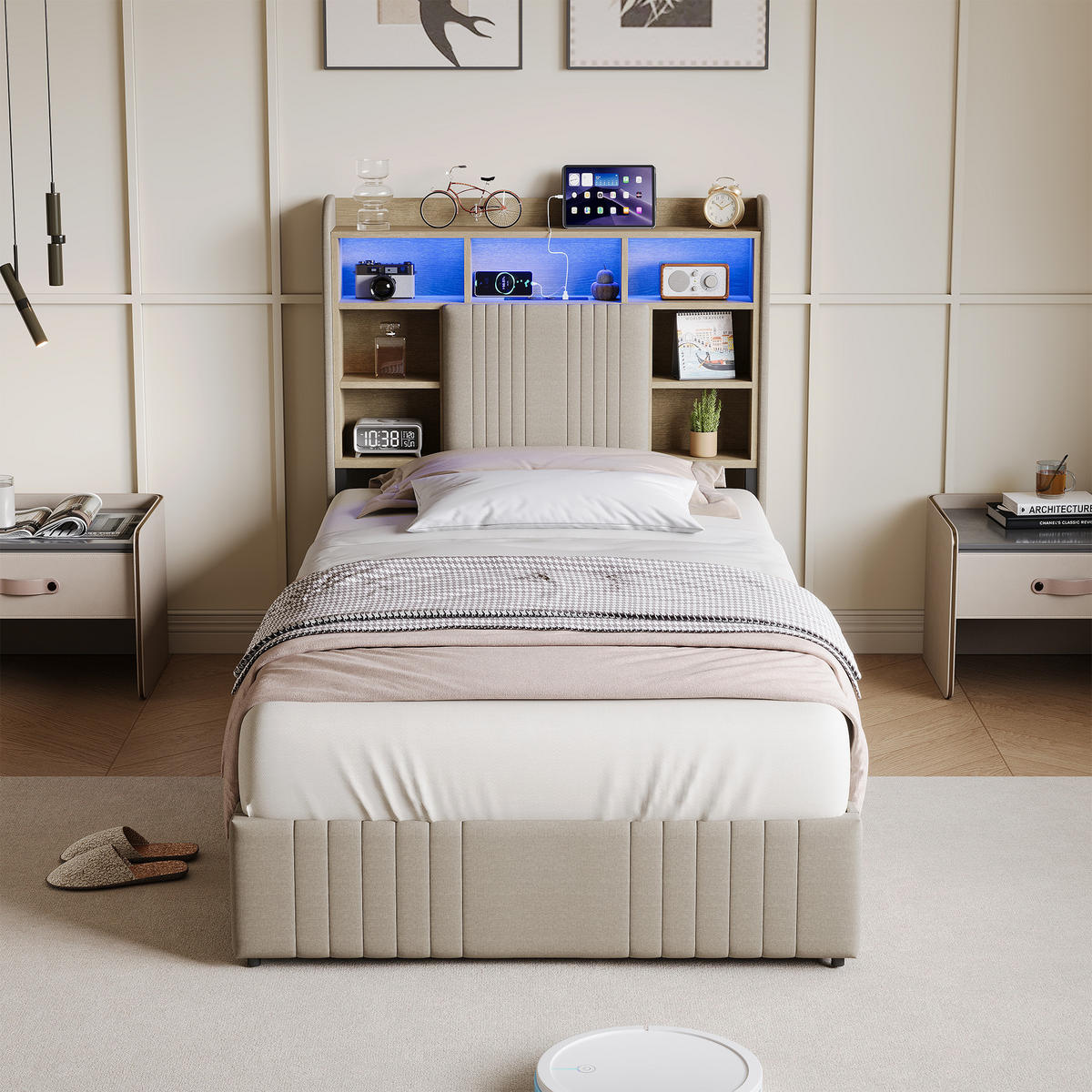 EINZELBETT 90/200 cm beige Leinen mit LED USB Schubladen - Beige, Holz - SHOPENTRA