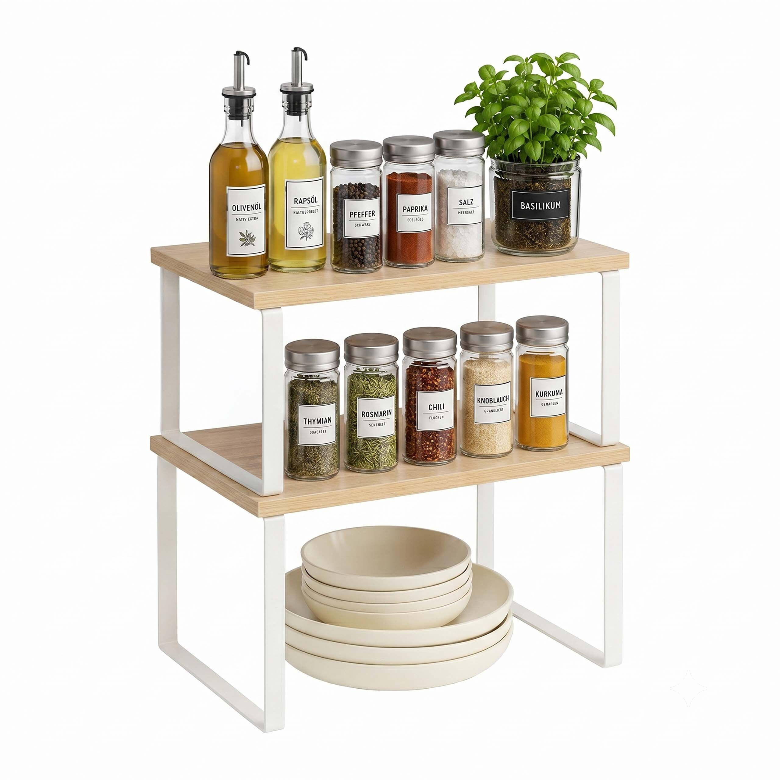 GEWÜRZREGAL Natur-Weiß 2er-Set 60 cm - Hellbraun/Weiß, Holz/Metall (29.5/15.5/30cm) - Relaxdays