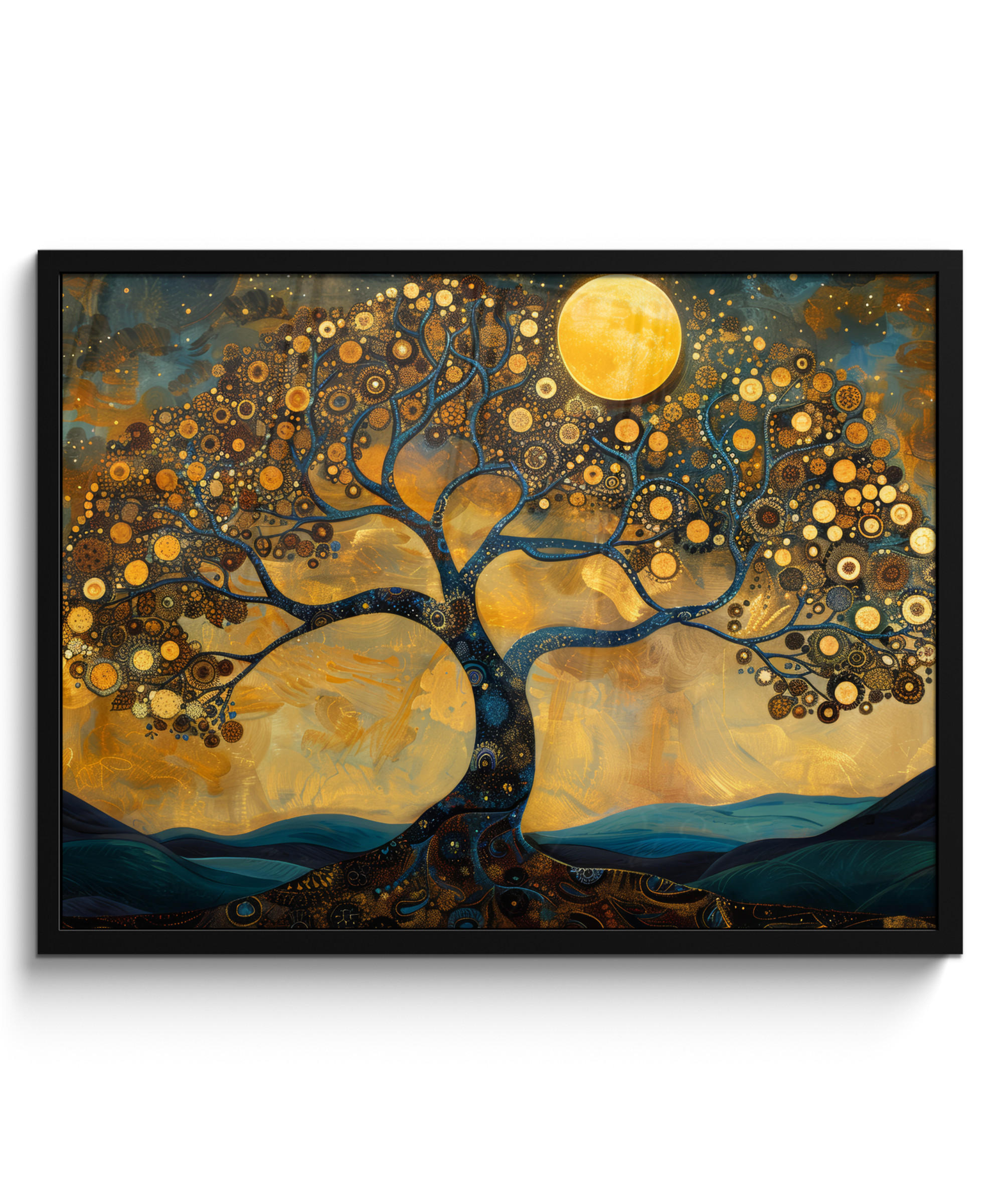 POSTER MIT RAHMENGERAHMTES BILD Baum - Mond - Blumen - Gold - Kunst 80x60 cm - Orange, Papier (80/60cm) - MuchoWow