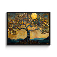 POSTER MIT RAHMENGERAHMTES BILD Baum - Mond - Blumen - Gold - Kunst 80x60 cm - Orange, Papier (80/60cm) - MuchoWow