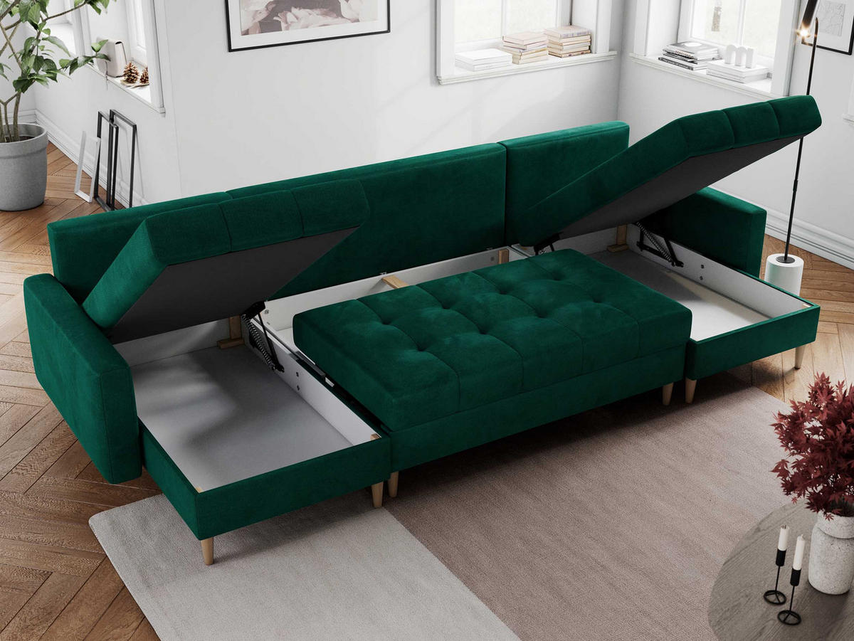 WOHNLANDSCHAFT Colin U Velvet Dunkelgrün - Dunkelgrün/Braun, Holz/Textil (290/75/140cm) - MKS
