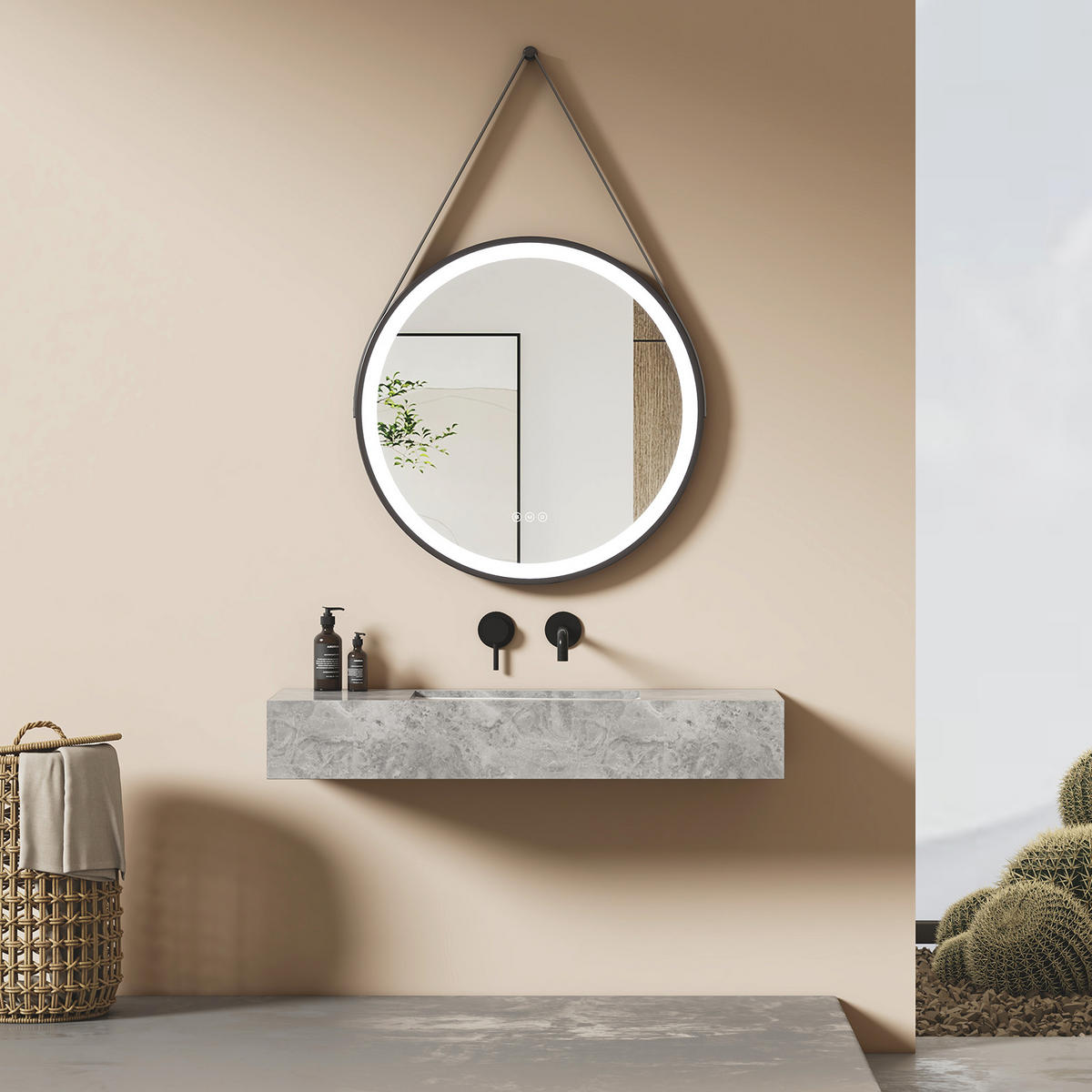 BADSPIEGEL mit Touch-Schalter Beleuchtung mit Hängeriemen Schwarz ф70 cm - Schwarz, Glas (70/3.5/70cm) - EMKE