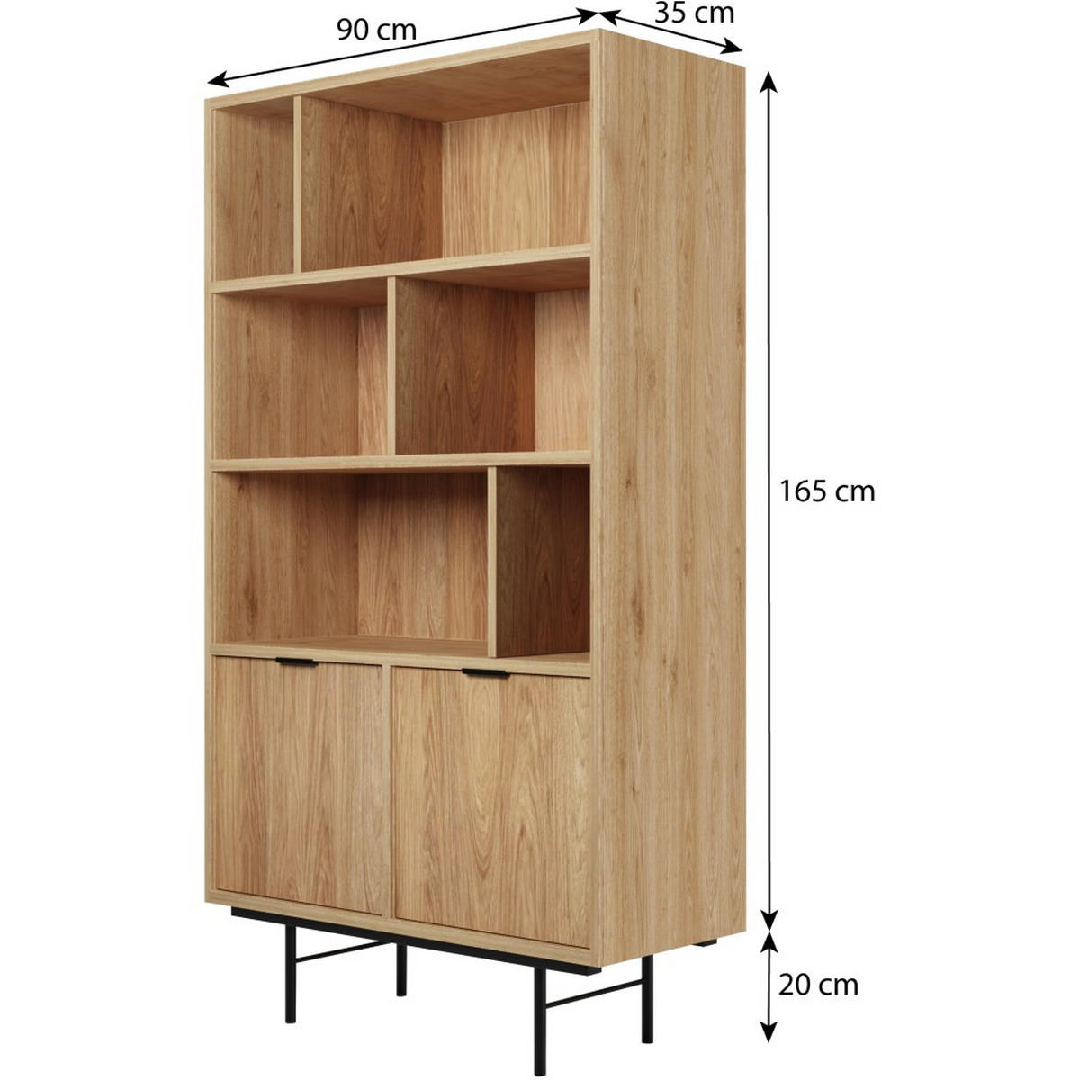 BÜCHERREGAL Evron mit 4 offene Regalböden, Hikora Eiche - Eichefarben/Schwarz, Holzwerkstoff/Metall (90/185/35cm) - Beautysofa