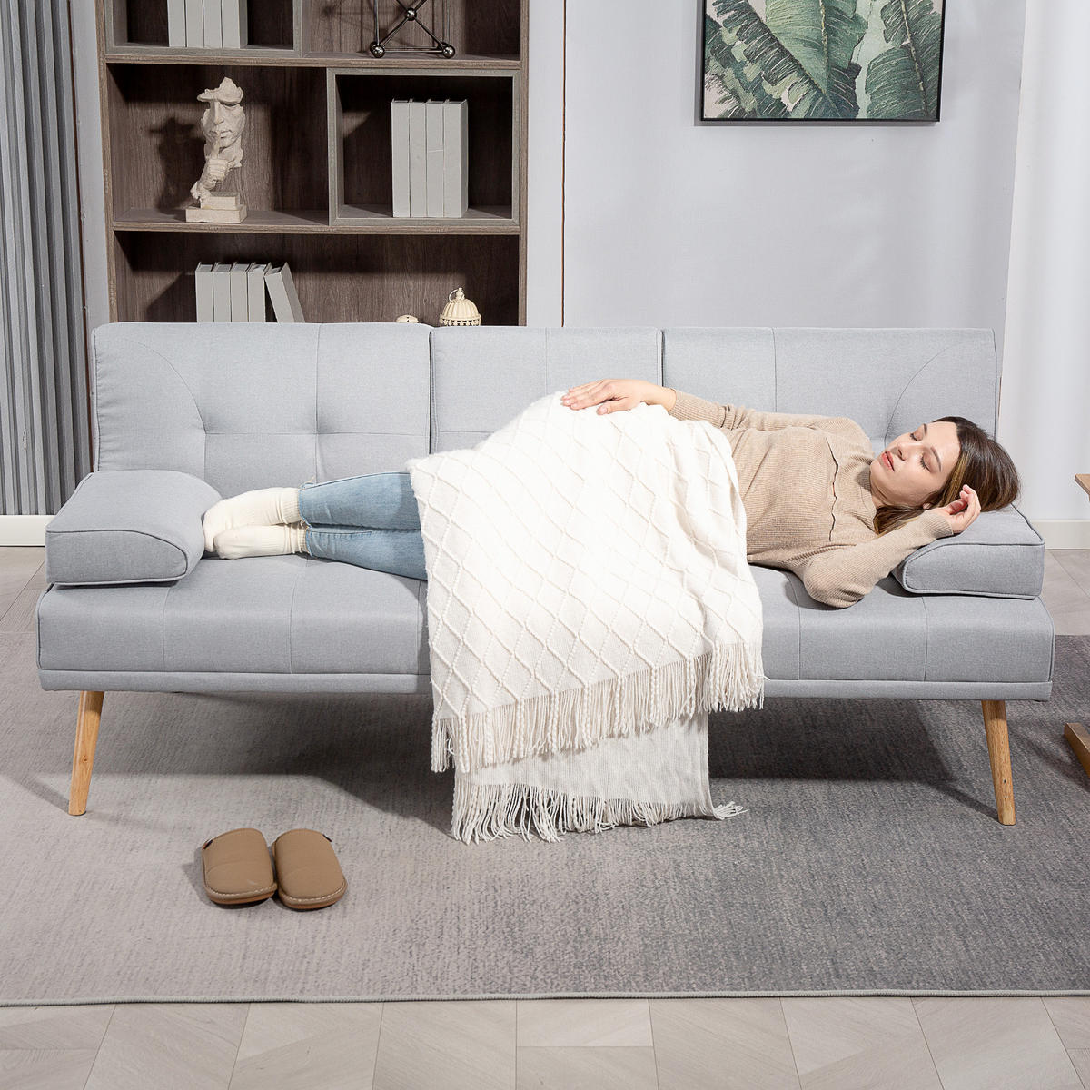SCHLAFSOFA Sofabett Schlafcouch 3 Sitzer Leinen Hellgrau - Hellgrau/Naturfarben, Holz/Textil (77/78/181cm) - HOMCOM