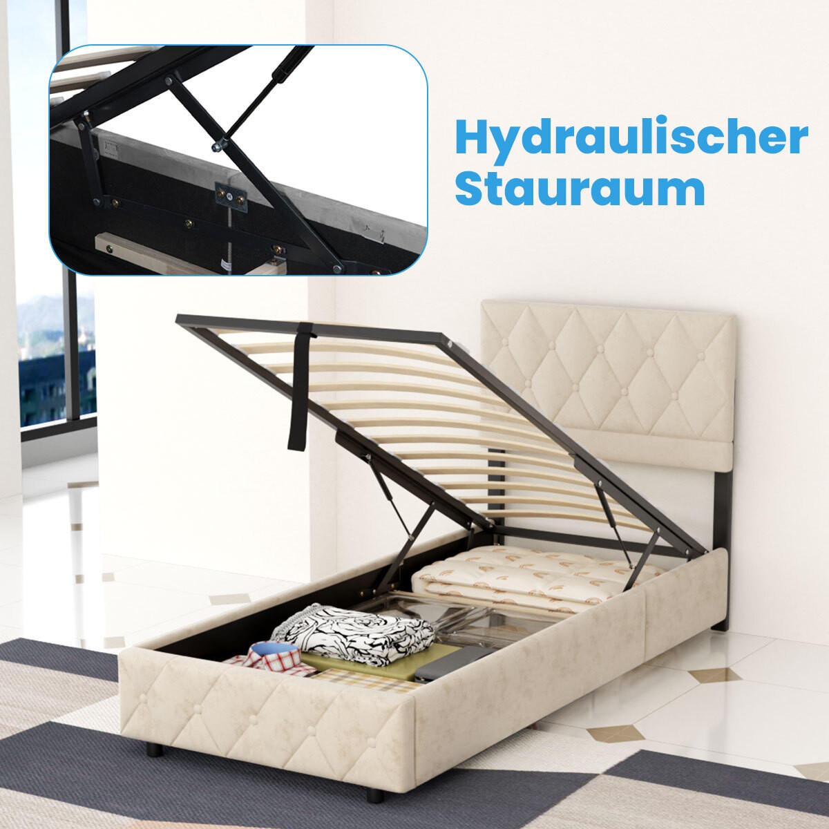 POLSTERBETT 90/190 cm in Beige Samt mit Bettkasten, hydraulischem Doppelhub-System und Lattenrost - Beige, Holzwerkstoff/Textil (90/190cm) - CHICFURN