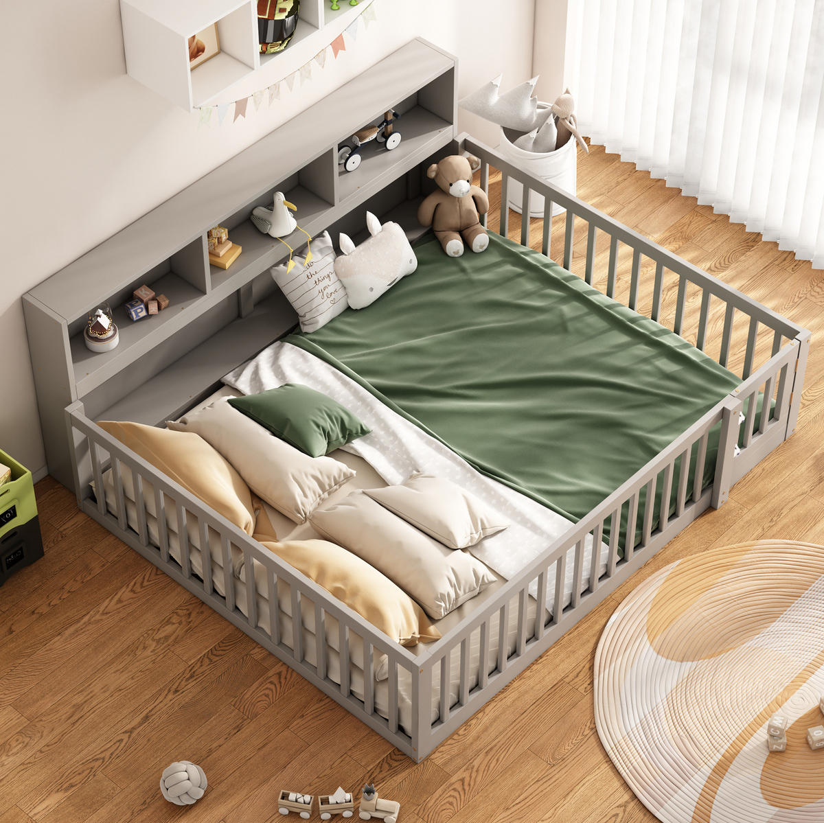 DENNÍ postel 140/200 cm šedá z borovice a MDF s úložným prostorem a zábradlím - šedá, dřevo (140/200cm) - OKWISH