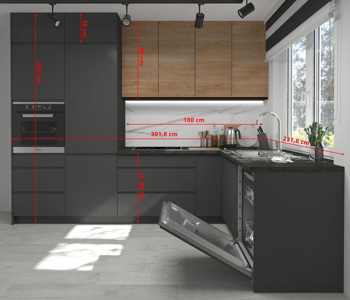 WINKELKÜCHE Avellino lava / Acryl graphit matt & Pembroke - schwarz matt, Arbeitsplatte District Dark 301,8 / 231,8 / 243cm 10-teilig - Braun/Grau, Holzwerkstoff (302/243/232cm) - Feldmann-Wohnen