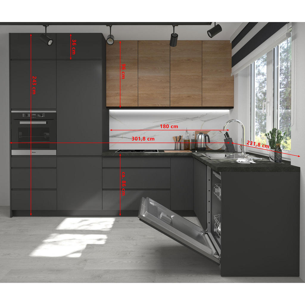 Thumbnail - Feldmann-Wohnen Winkelküche, Grau, Braun, Holzwerkstoff, L-Form,Rechteckig, 302x243x232 cm, Küchen, Eckküchen, Eckküchen...