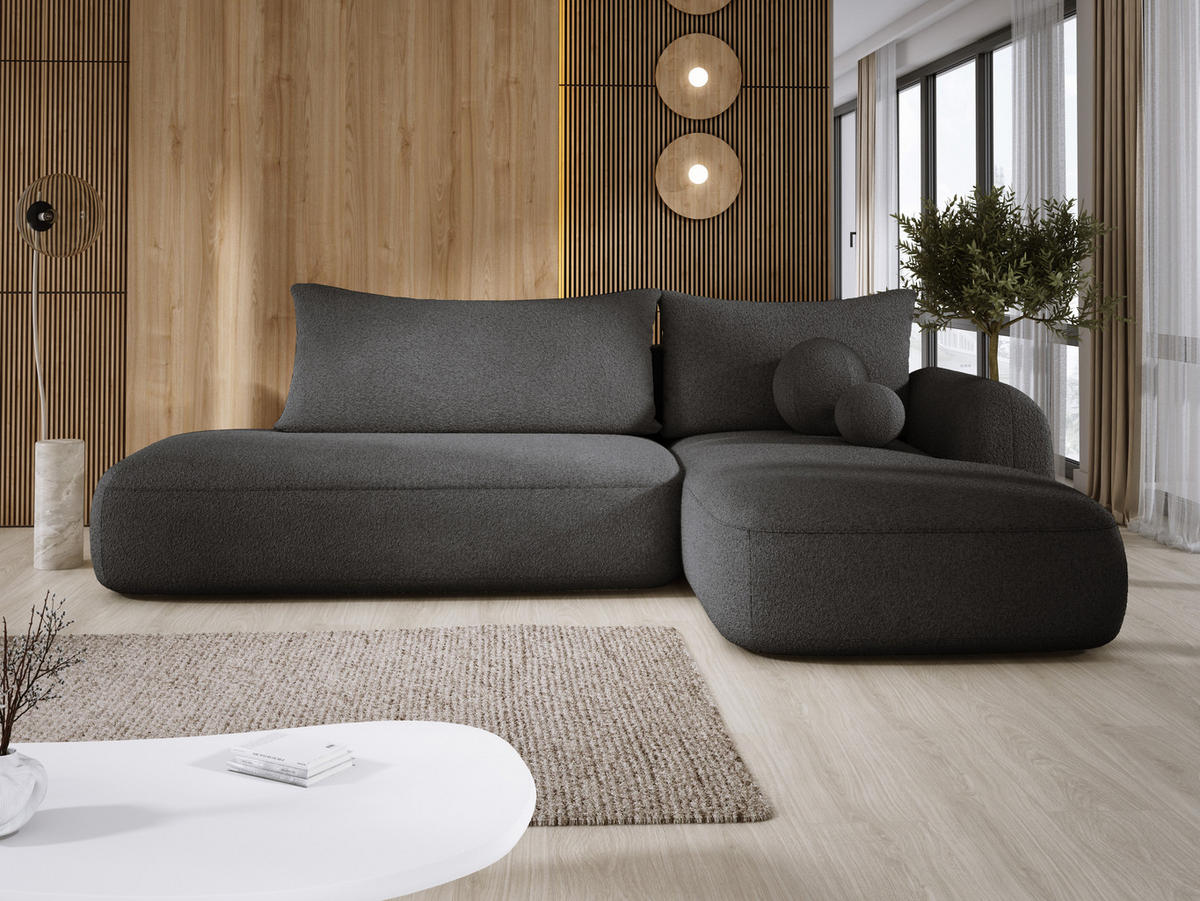 ECKSOFA BABU mit Schlaffunktion, Moderne Polsterecke für Wohnzimmer, funktionales Schlafsofa im Stoff NOW OR NEVER, 300x105x60cm rechte, schwarz - Anthrazit, Holz/Textil (300/190cm) - DomoHome