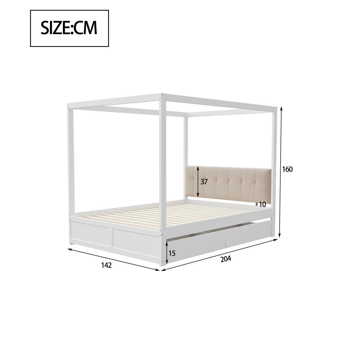 KINDERBETT aus Holzwerkstoff und Metall 140x200 cm Weiß mit gepolsterter Rückenlehne, 2 Schubladen und Zeltdesign - Weiß, Holzwerkstoff (140/200cm) - Modfu