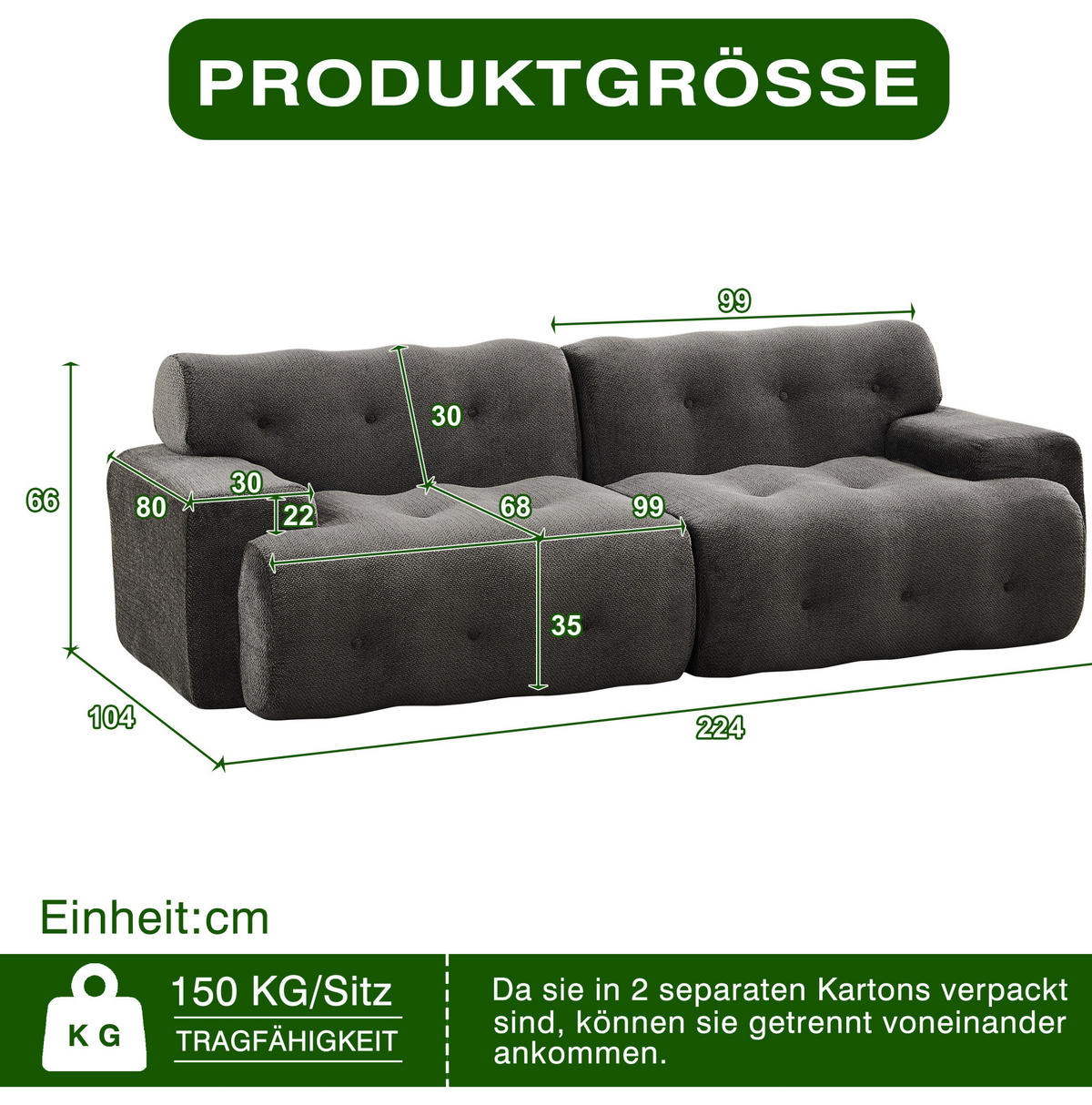 2-SITZER-SOFA 224/104/66 cm aus Chenille, ohne Montage mit breiten Armlehnen und Knopfheftung, Grau - Grau, Textil (224/66/104cm) - Redom