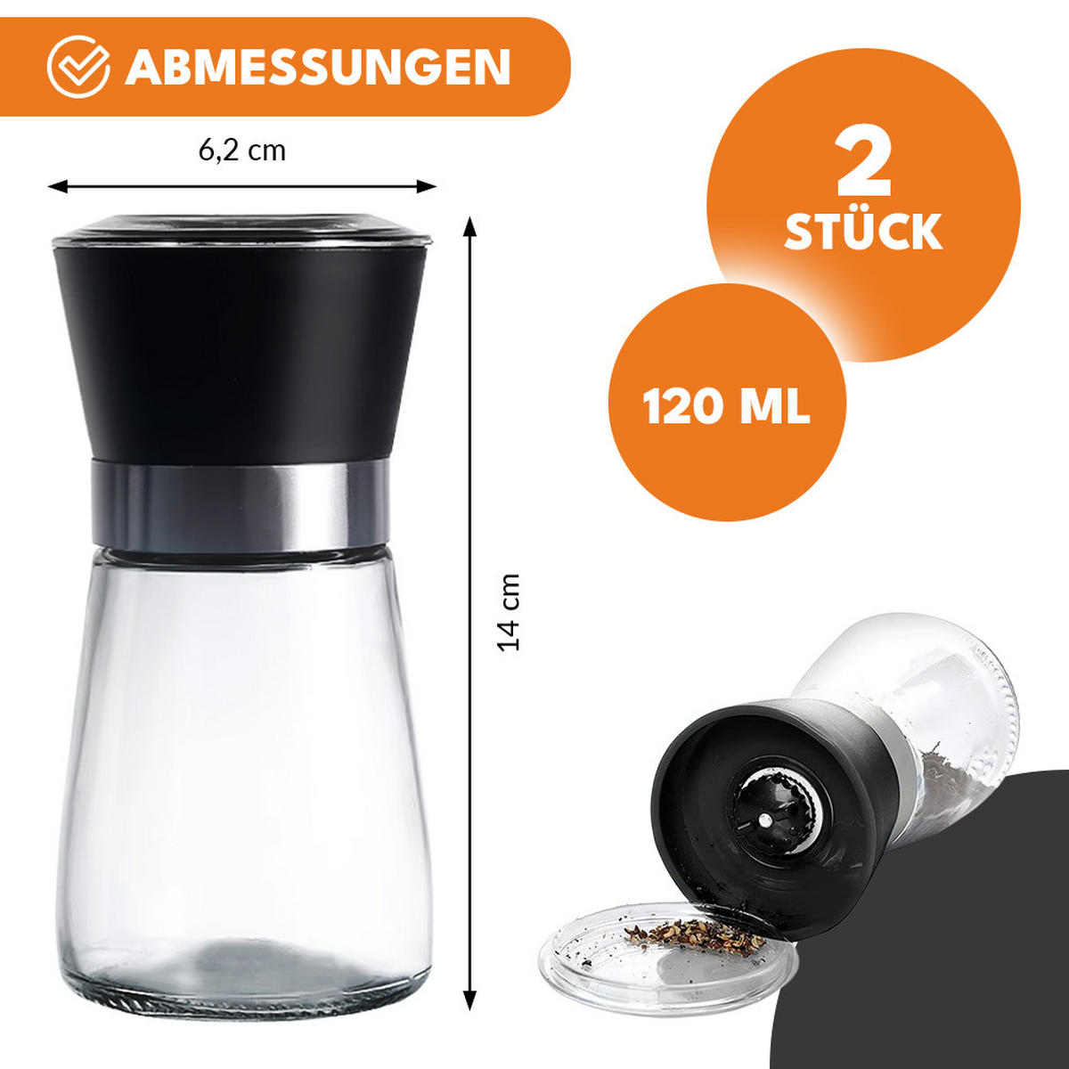 GEWÜRZMÜHLE Salz & Pfeffer 2er-Set - Transparent, Glas (5/10/5cm) - KRUMAD