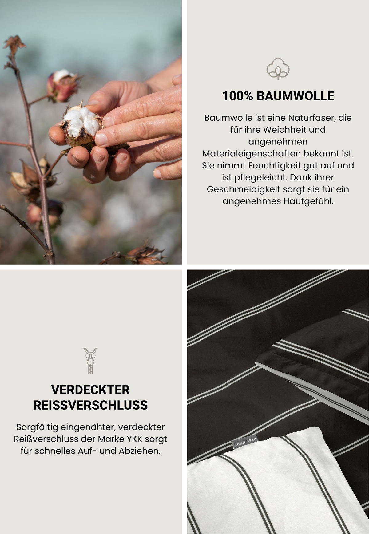 BETTWÄSCHESET Mateo - Feinbiber - 2-teilig - 135x200 cm - Offwhite-Schwarz - Schwarz, Textil (135/200cm) - SCHIESSER