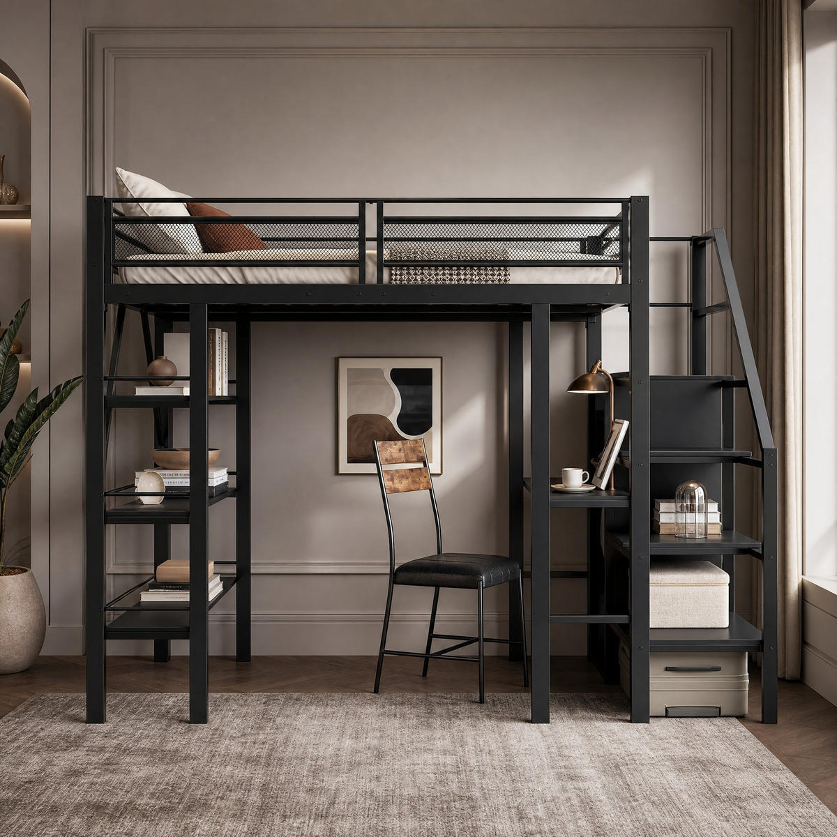 HOCHBETT 140/200 mit Schreibtisch, Kleiderschrank, Regalen und Sicherheitsleiter in Schwarz - Schwarz, Holzwerkstoff/Metall (140/200cm) - EVRYAE
