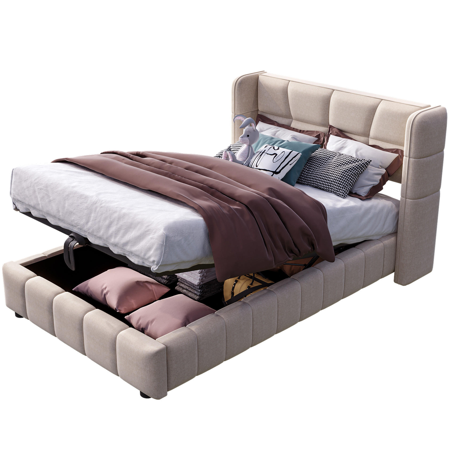 KINDERBETT 90/200 cm mit Stauraum, Hebemechanismus und gepolstertem Kopfteil aus Leinenstoff, Beige - Beige, Textil (90/200cm) - Redom