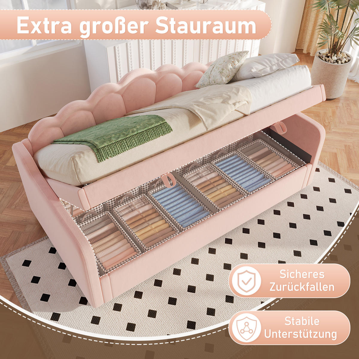 TAGESBETT 90/200 cm mit hydraulischem Stauraum, LED-Lichtleiste und gewelltem Kopfteil aus Samt, Rosa - Rosa, Textil (90/200cm) - Redom