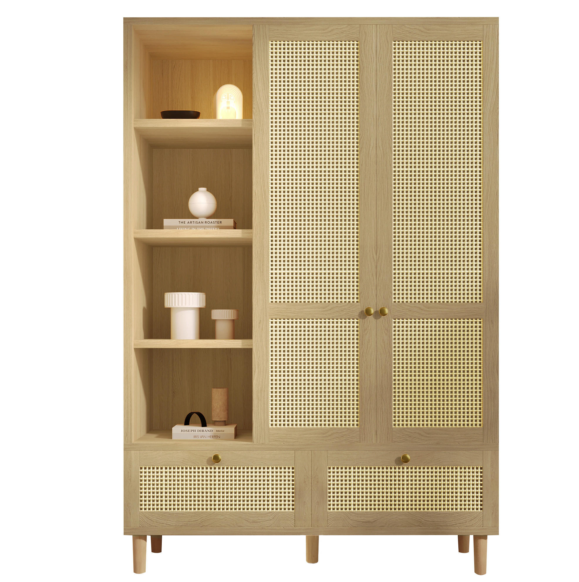 KLEIDERSCHRANK aus Holz mit Rattanoptik & 2 Schubladen, 120/50/180 cm, Eiche - Eichefarben, Holz (120/180/50cm) - Redom