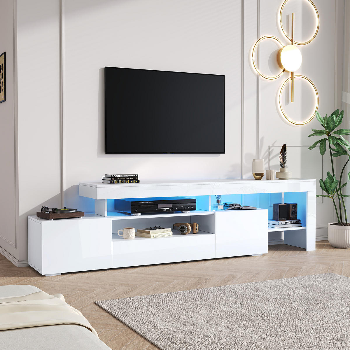 TV-LOWBOARD 192x37x53 cm Weiß LED 3 Schränke Hochglanz - Weiß, Holzwerkstoff (37/53/192cm) - FLIEKS