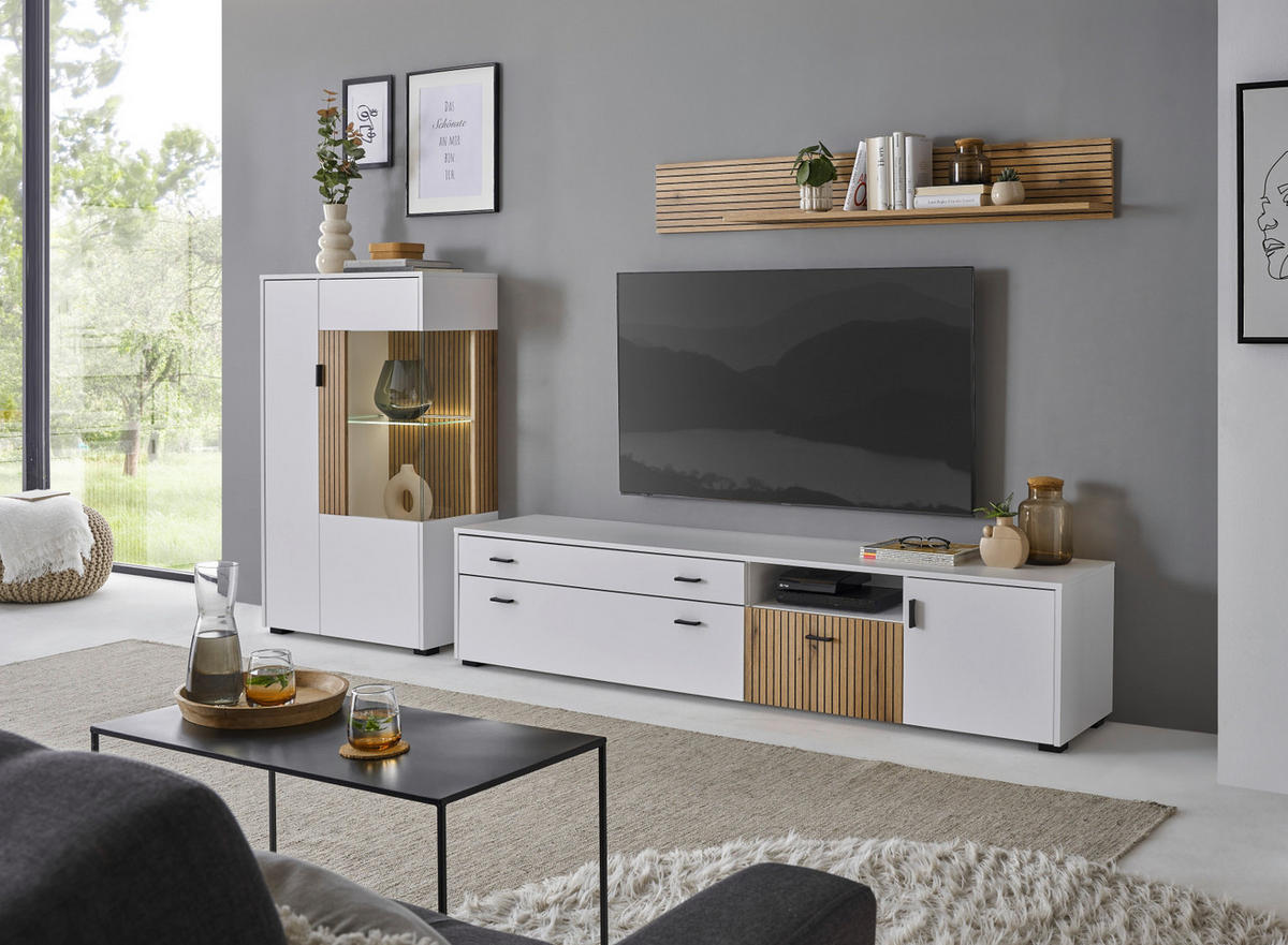 TV-LOWBOARD weiß matt, Eiche 200 cm, Flat-TV Unterschrank mit Soft-Close - Eichefarben/Schwarz, Holzwerkstoff/Kunststoff (200/44/42cm) - Furn.Design