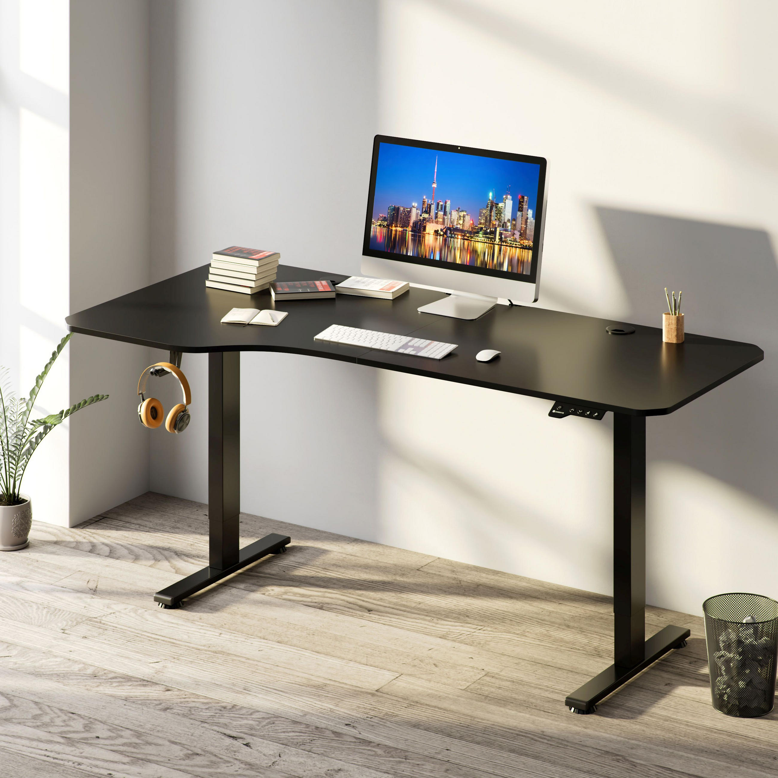 SCHREIBTISCH Office Stand schwarz 160x75 cm höhenverstellbar - Schwarz, Holz (60/160/117cm) - Juskys