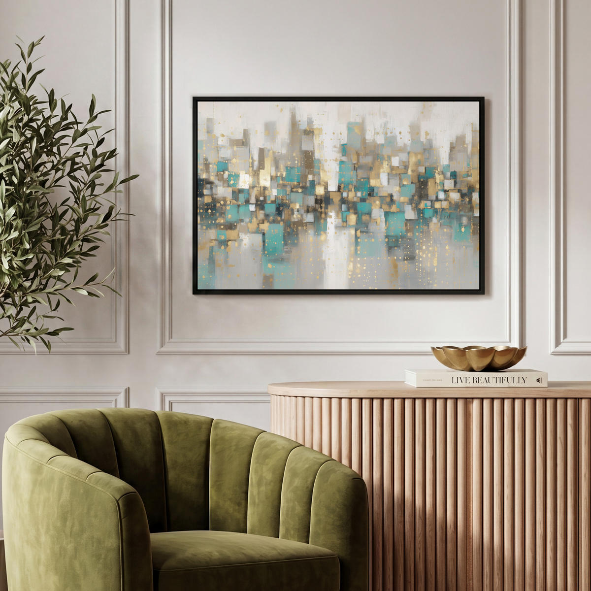 LEINWAND Bilder mit Rahmen - Abstrakt - Blöcke - Gold - Skyline - 60x40 - Beige, Textil (60/40cm) - MuchoWow