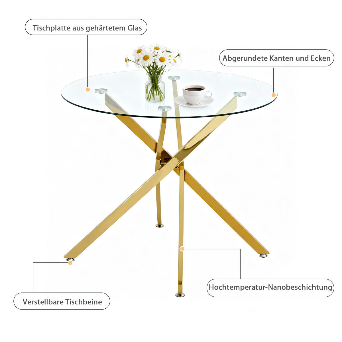 ESSTISCH in Goldfarben Küchentisch mit gehärteter Glasplatte, moderner Esstisch und Couchtisch , B80/T80/H76cm - Goldfarben, Glas/Metall (80/80/76cm) - STILVORA