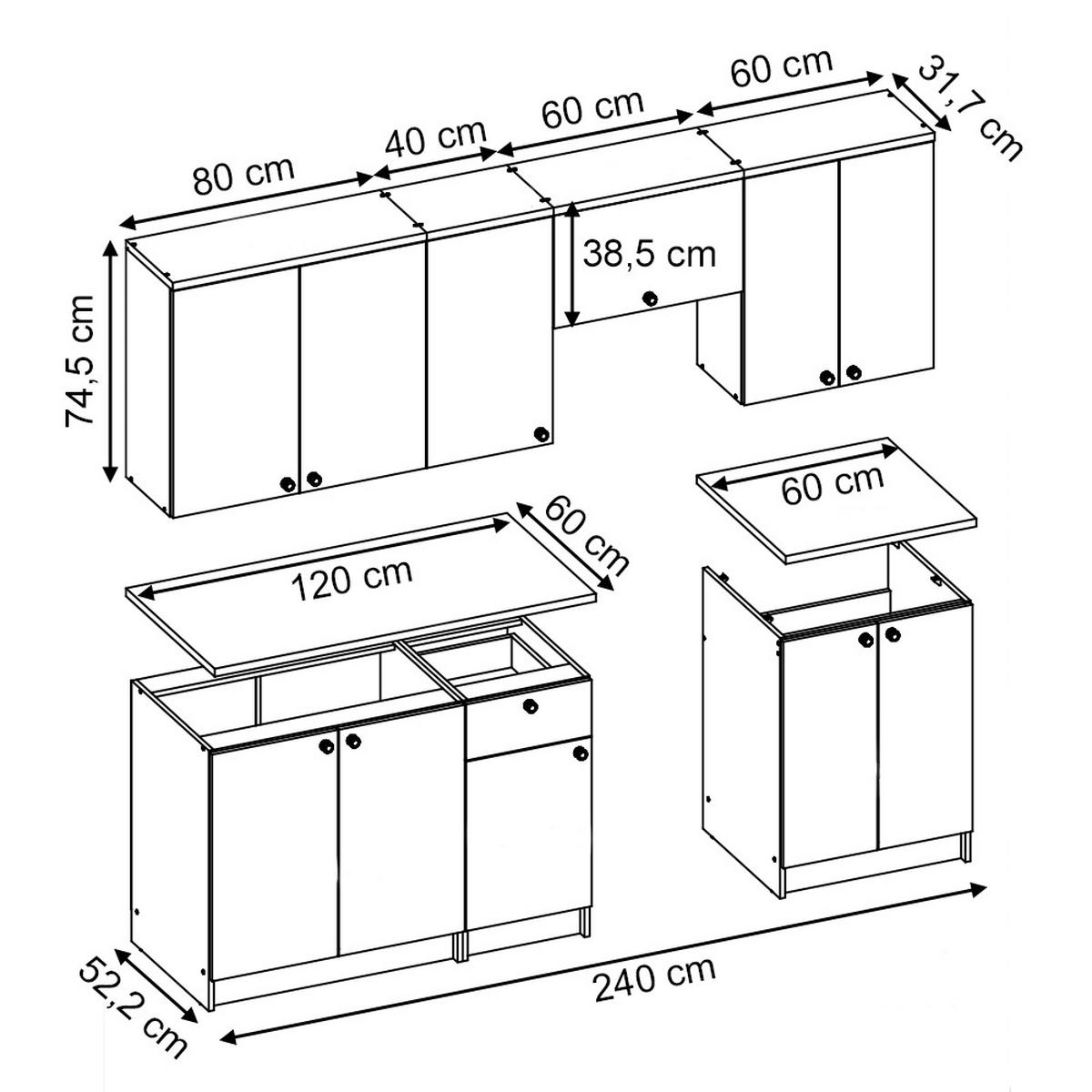 KÜCHENZEILE Bergamo Weiß 240 cm, AP Goldkraft - Honigeiche/Weiß, Holzwerkstoff (240/81.6/60cm) - Vicco