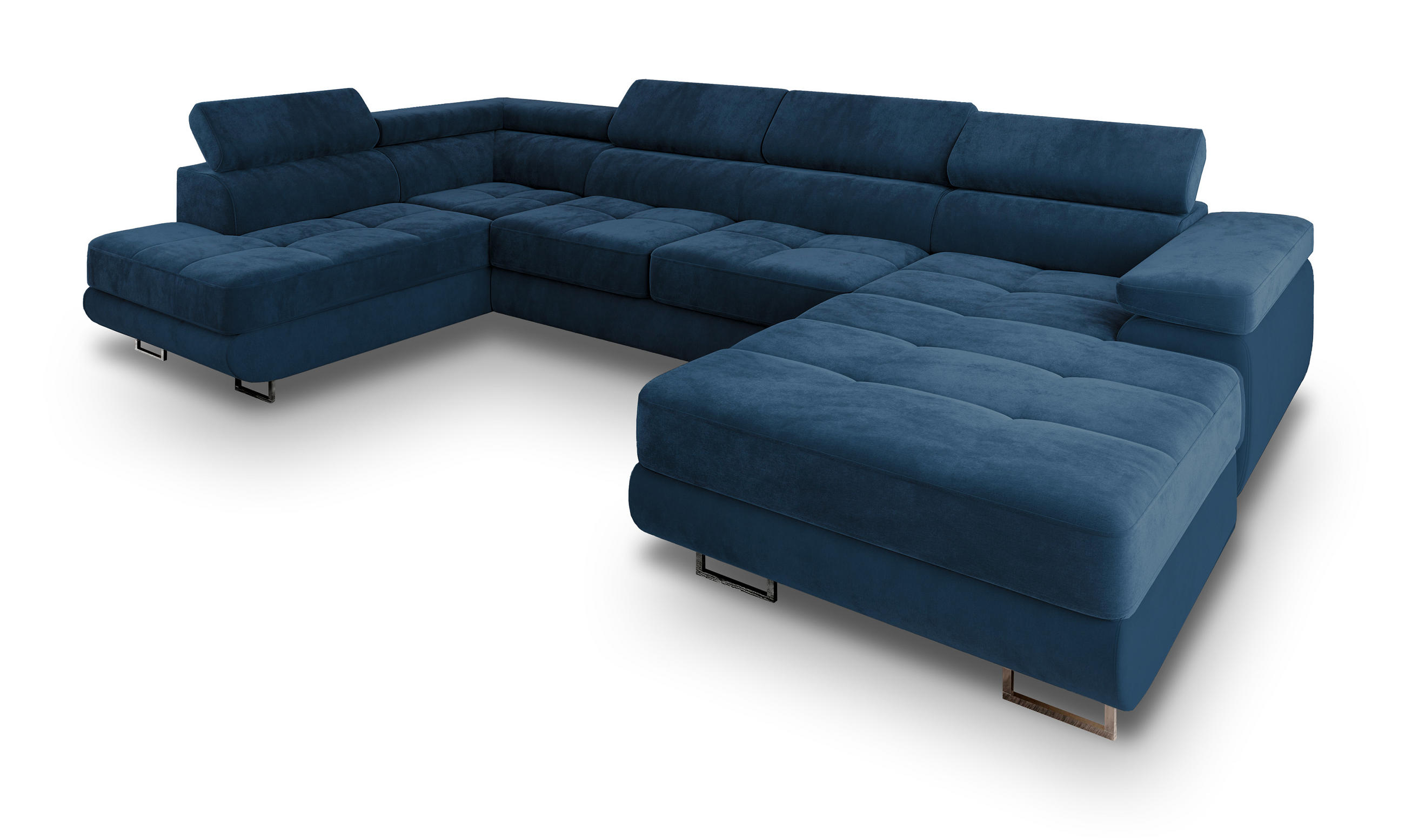 WOHNLANDSCHAFT CASONE L-S Blau Velours-Stoff mit Schlaffunktion - Blau, Holz (345/90/202cm) - MASSENO