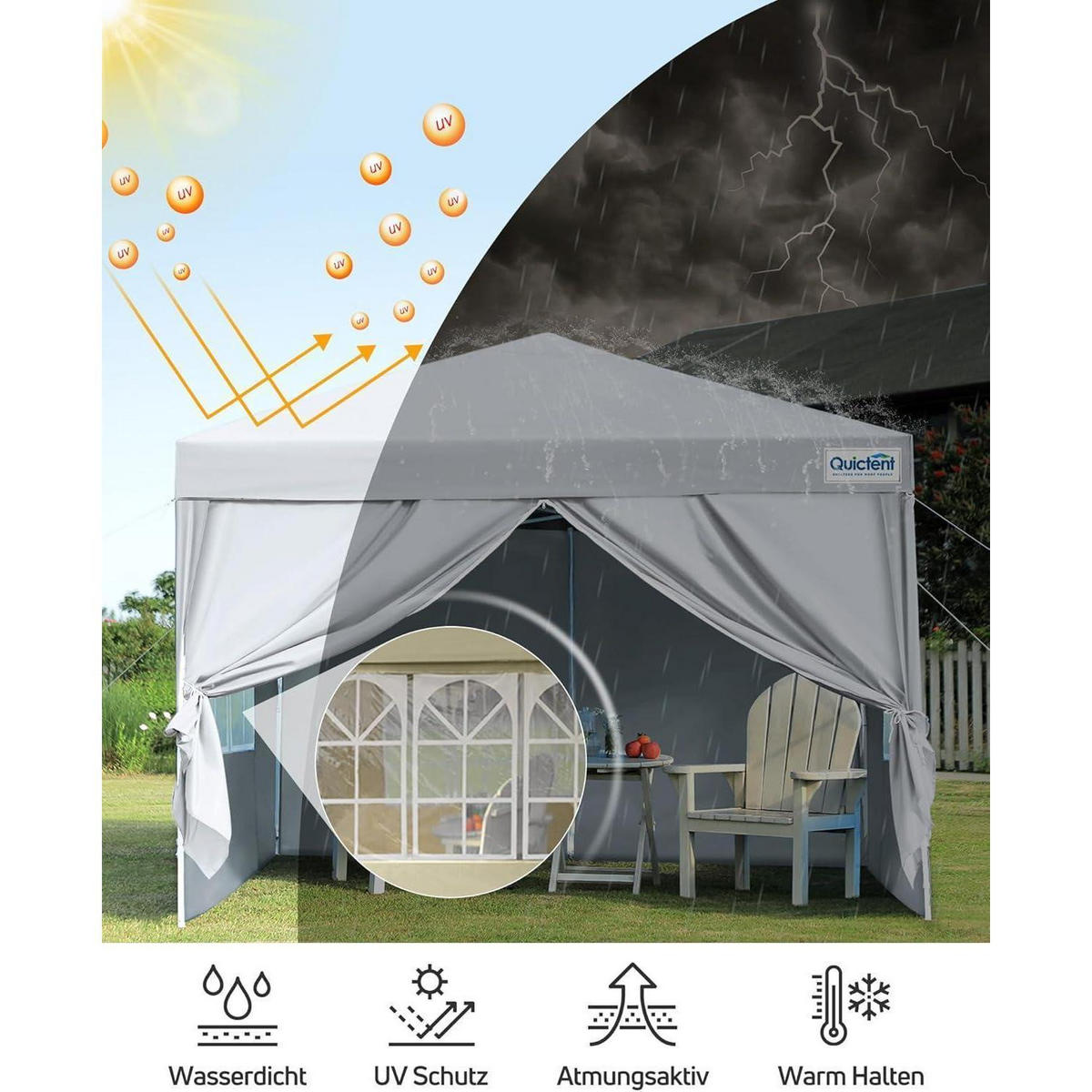 FALTPAVILLON 3 x 3 m wasserdicht mit Seitenwänden UV-Schutz 50+ - Weiß, Textil (294/265/294cm)