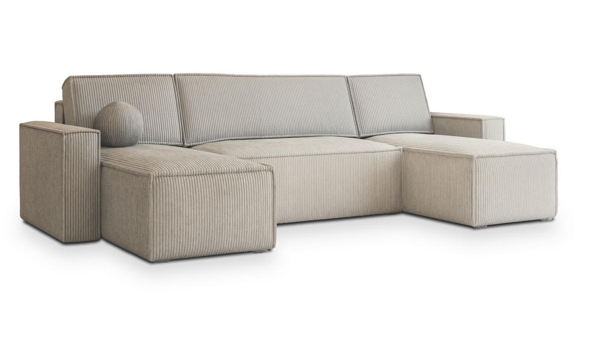 WOHNLANDSCHAFT PESANO P Creme Kordstoff mit Schlaffunktion - Creme, Holz (306/85/140cm) - MASSENO