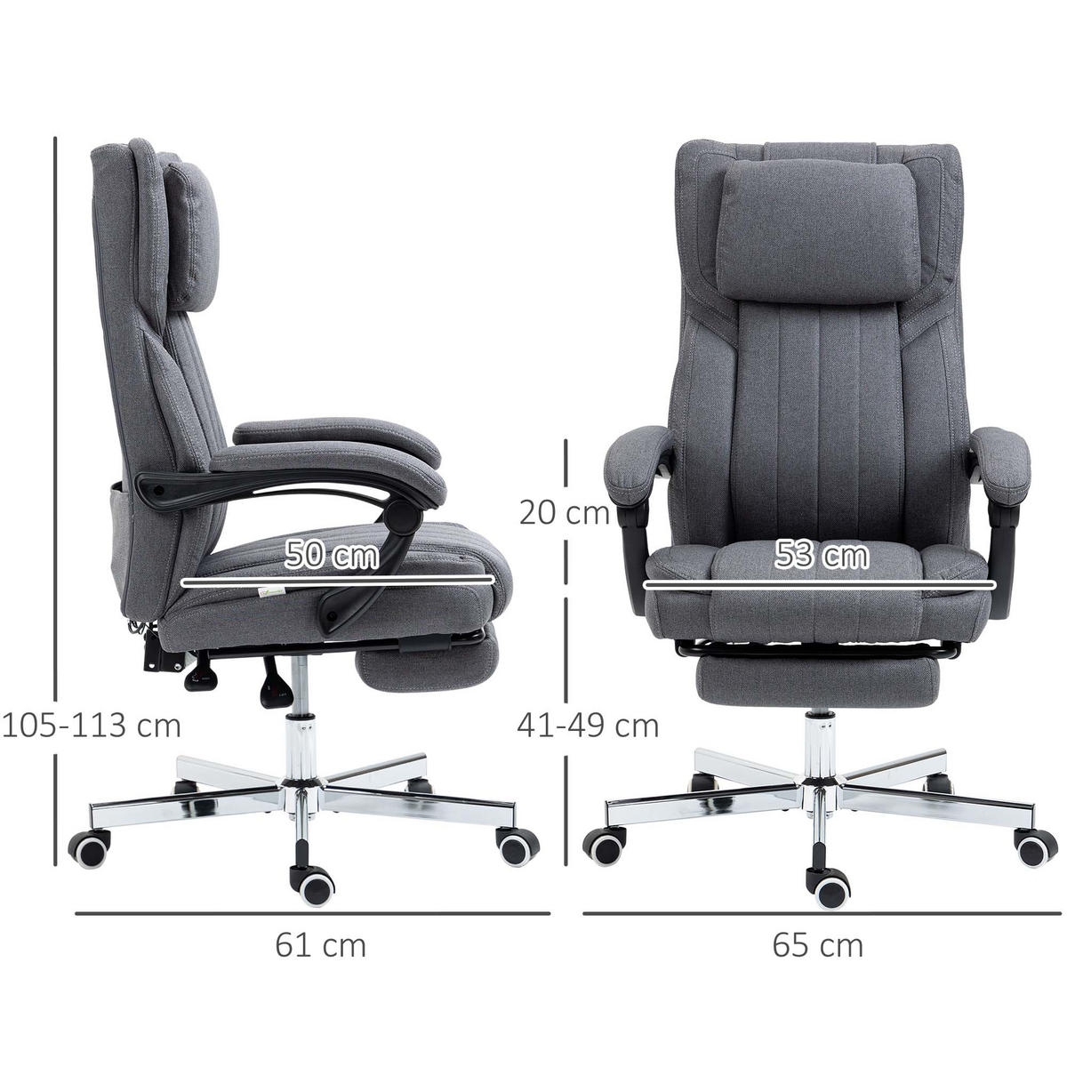 BÜROSTUHL mit Massagefunktion, Grau - Grau, Kunststoff (61/113/65cm) - Vinsetto