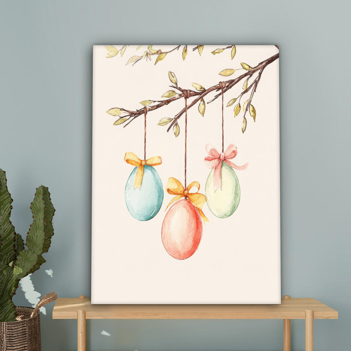 LEINWANDBILD Osterkuchen - Schleife - Eier Wandbild Wohnzimmer 60x80 cm - Creme, Textil (60/80cm) - MuchoWow