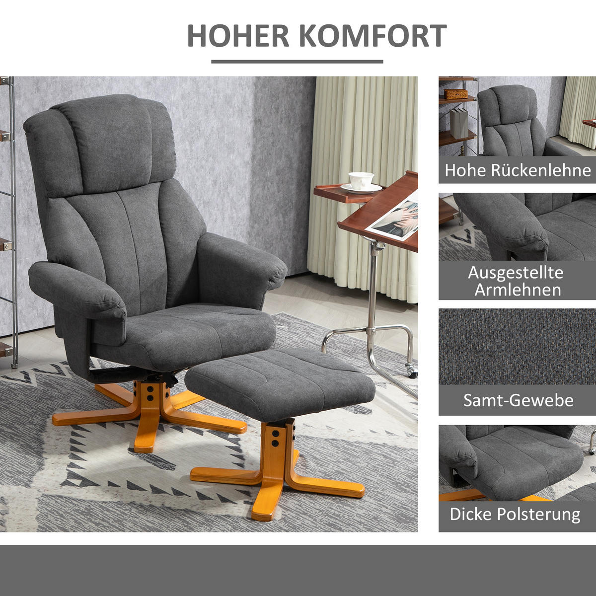 RELAXSESSEL mit Liegefunktion, Liegesessel mit Hocker, Fernsehsessel - Dunkelgrau, Textil (80/104/79cm) - HOMCOM