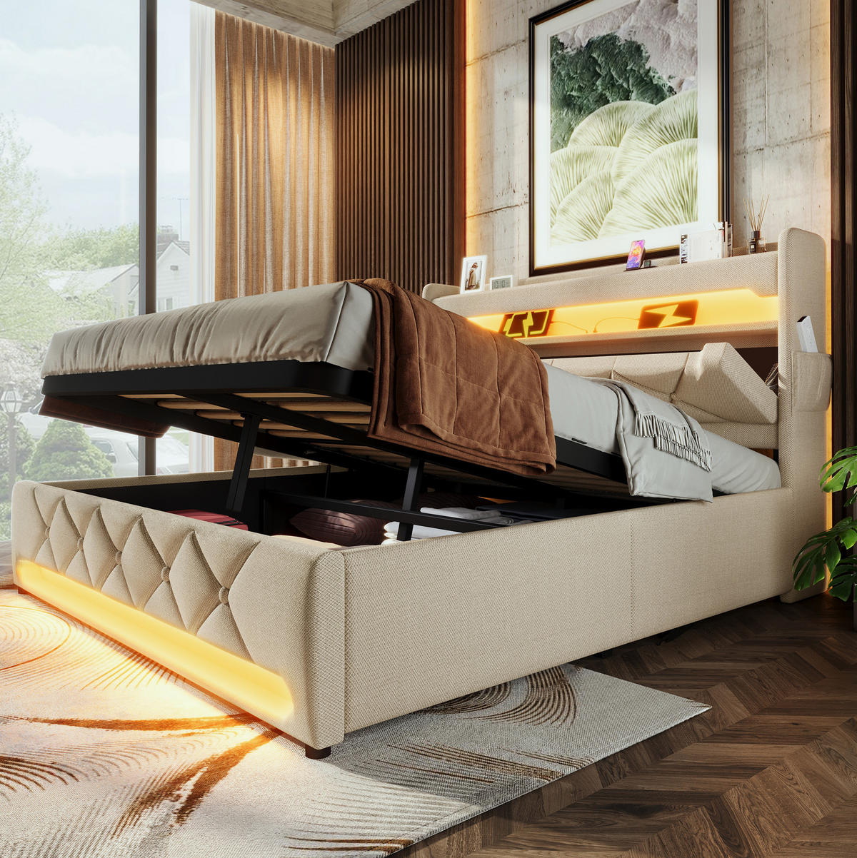 BETT mit Stauraum, LED und Ladefunktion 140x200 cm Leinen Beige inkl. Matratze - Beige, Metall (140/200cm) - Meubliv