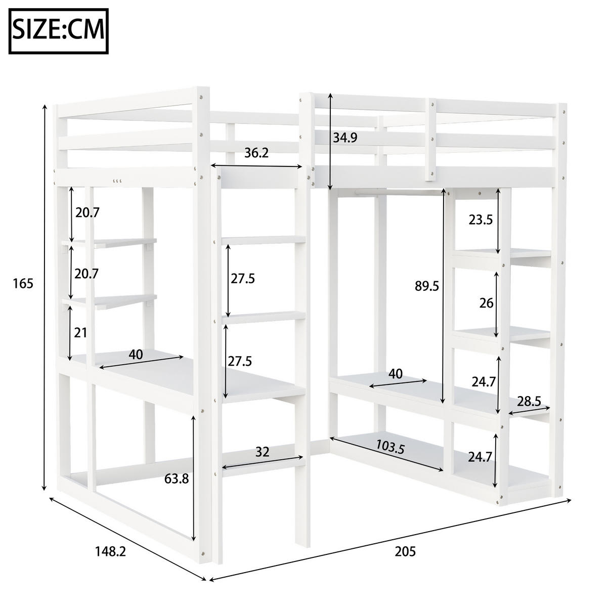 HOCHBETT 140/200 cm Weiß aus Massivholz mit Schreibtisch und Regalen - Weiß, Holz (140/200cm) - OKWISH