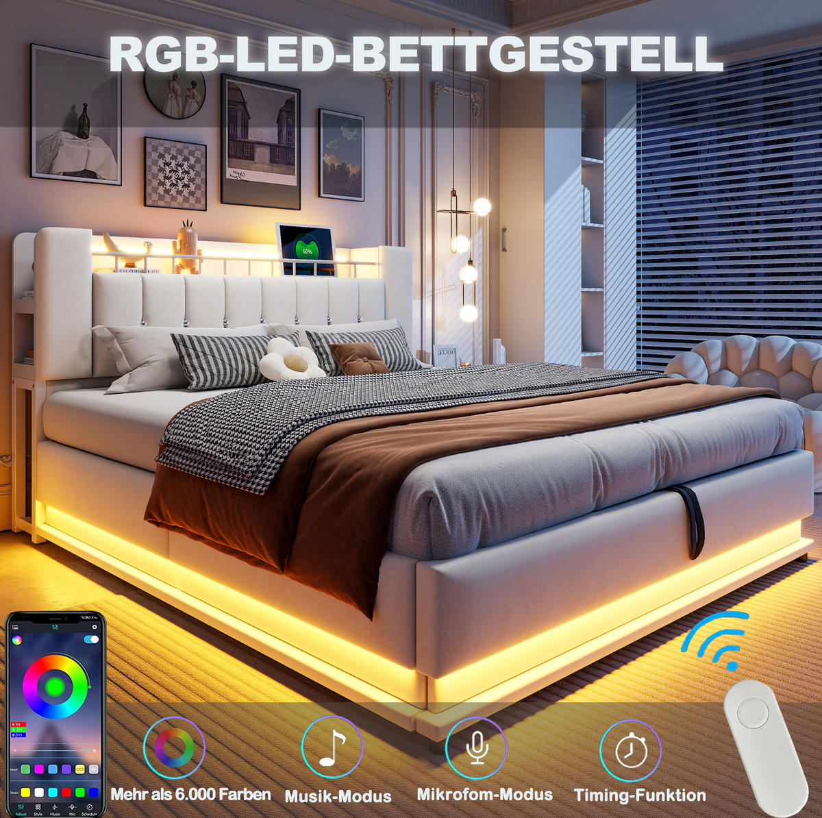 POLSTERBETT mit LED, USB und Stauraum 180x200 cm Samt Beige - Beige, Metall (180/200cm) - Meubliv