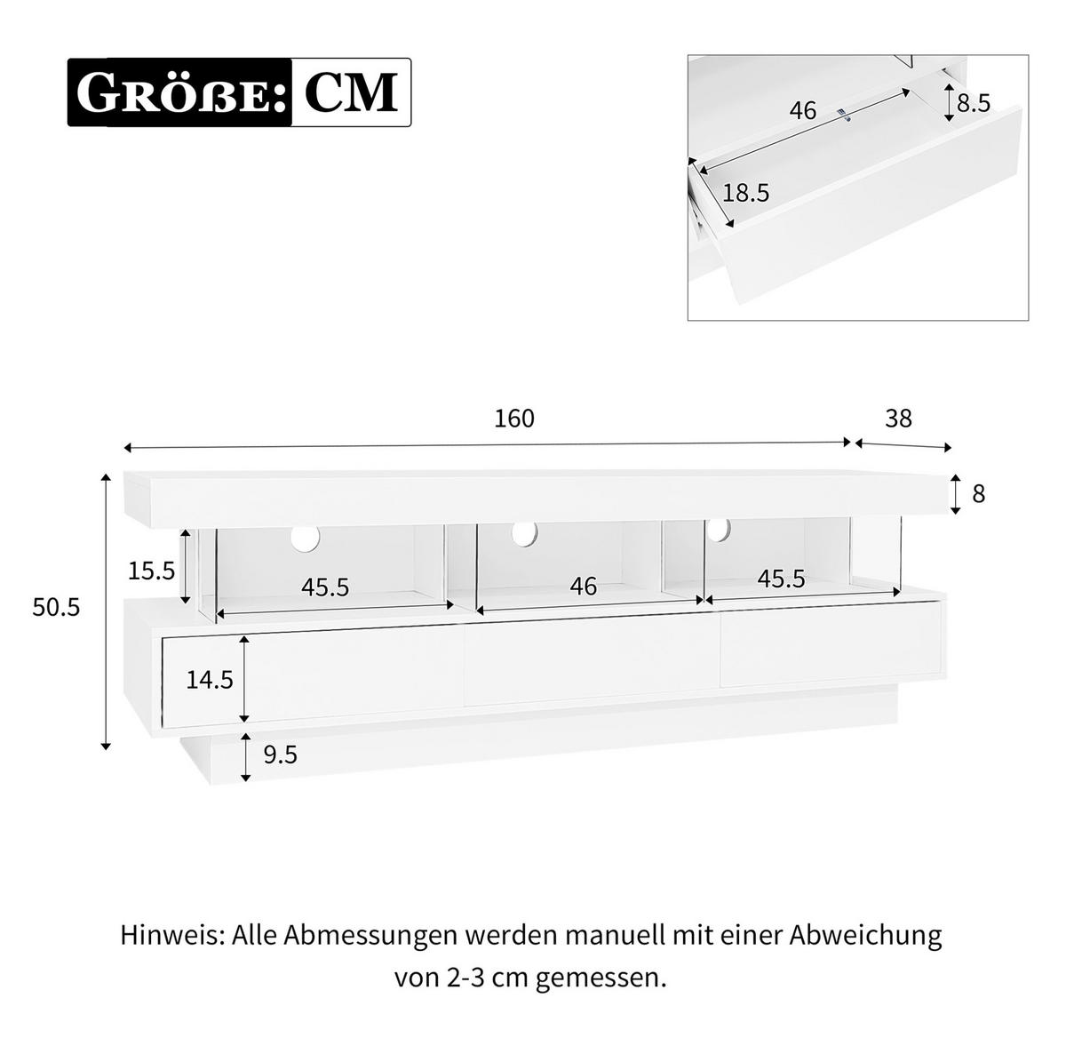 TV ormarić 160/38/50,5 cm bijeli od iverice s LED rasvjetom i 3 staklena pretinca - bijela, drvni materijal (160/50.5/38cm) - OKWISH